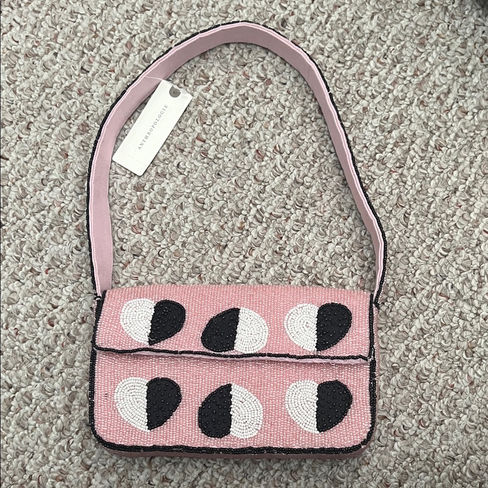 Anthropologie Fiona Pink Beaded Shoulder Bag with Heart Motif